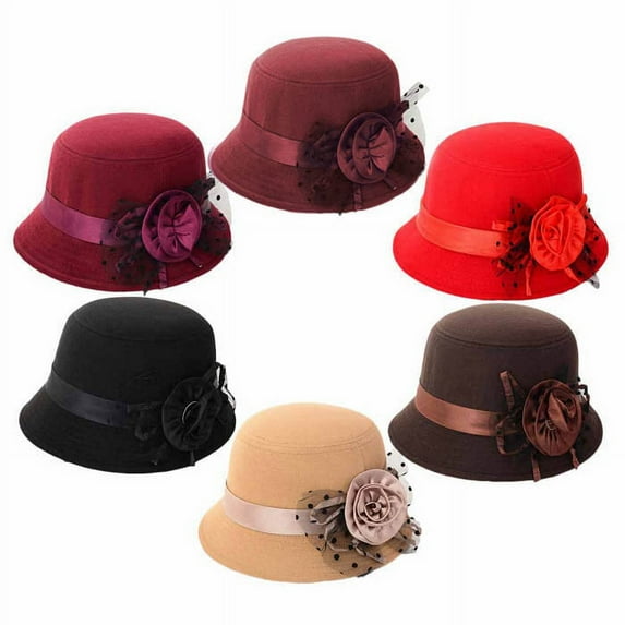 Helii Women Retro Floral Felt Bowler Hat Solid Color Fedora Bucket Cloche Hats