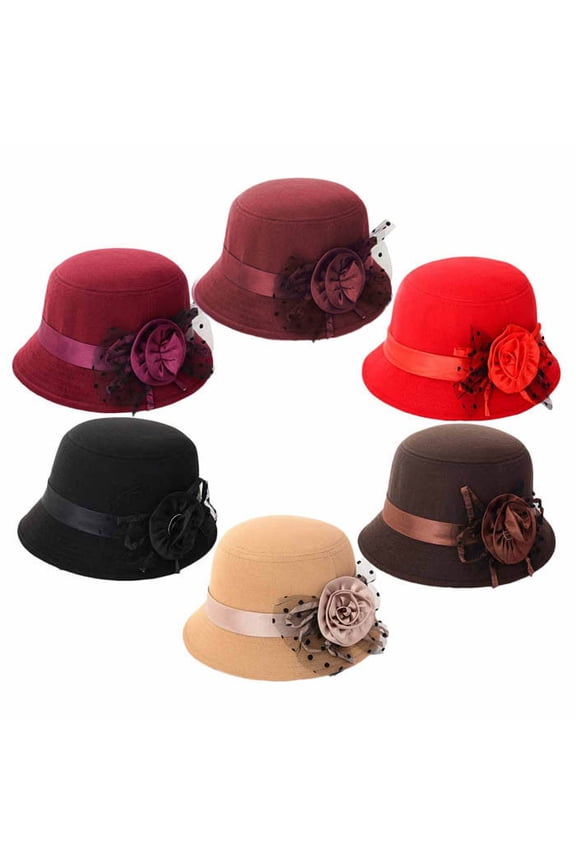 Women Retro Floral Felt Bowler Hat Solid Color Fedora Bucket Cloche Hats