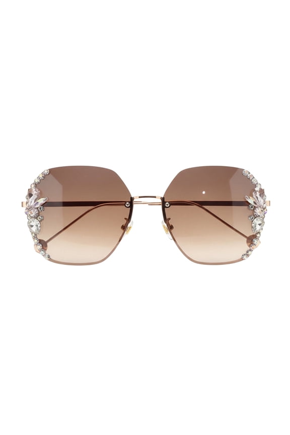Women Rimless Rhinestone Hexagon Sunglasses: Gradient Lens UV400 Protection Lightweight Metal Frame Sparkly Sun Glasses for Face Slimming Coffee,One Size