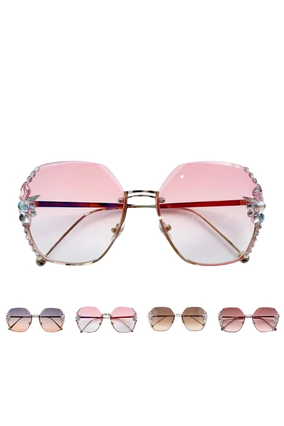 Women Rimless Rhinestone Hexagon Sunglasses: Gradient Lens UV400 Protection Lightweight Metal Frame Sparkly Sun Glasses for Face Slimming Orange,One Size
