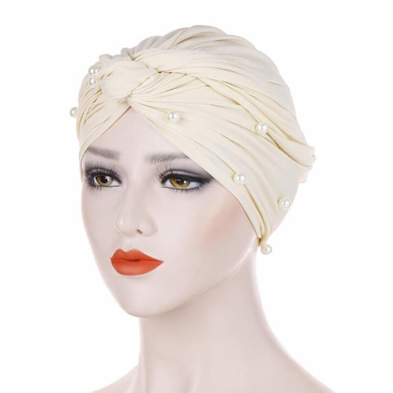 Helii Women Ruffle Pearl Beading Turban Hat Elegant Muslim Wrap Baseball Cap for Daily Wear