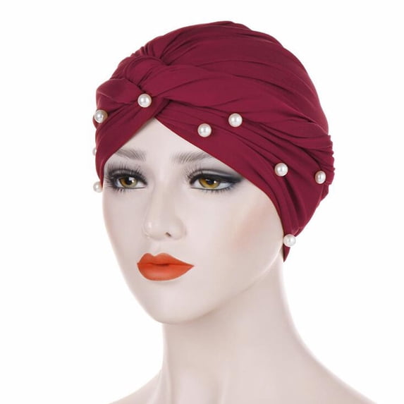 Helii Women Ruffle Pearl Beading Turban Hat Elegant Muslim Wrap Baseball Cap for Daily Wear