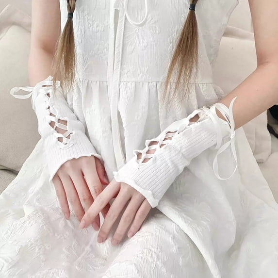 Helii Women Ruffled Lace Cuff Hand Sleeves Fashion Fingerless Wrist Bands Gloves for Daily Party