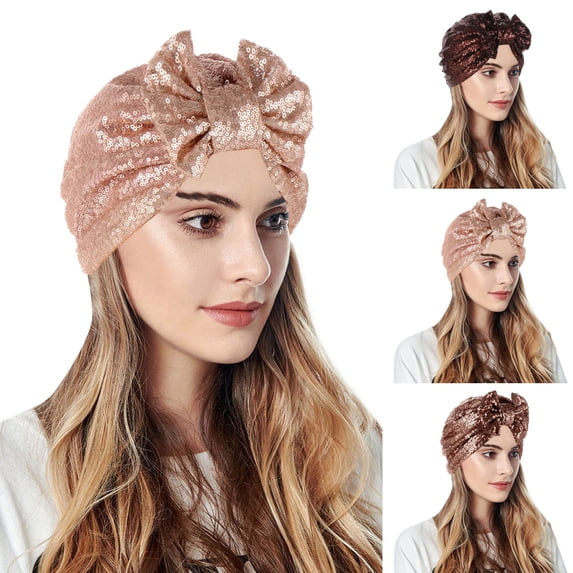 Helii Women Sequin Bow Pre Tied Turban Hat Glitter Full Coverage Stretchy Beanie Muslim Cap Soft Headwrap Sparkle Sleep Head Scarf Khaki,One Size