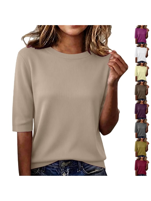 Women T-Shirts Short Sleeve Crewneck – Loose Fit Basic T-Shirt for Women, Soft Cotton T-Shirts, Relaxed Casual Summer Essential T-Shirt Top Brown,L