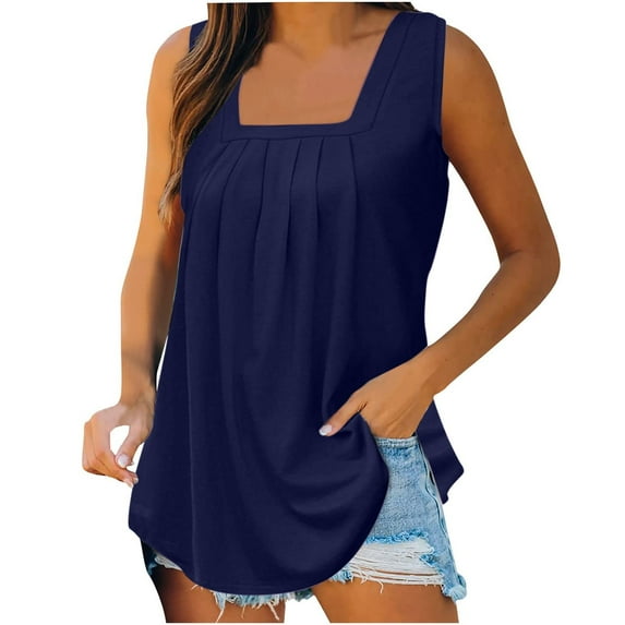 Helii Women Tank Tops Square Neck Solid Color Loose Fit Camisole Tops Casual Flowy Vest Fashion Spring Summer Blouses Dressy S-5XL Dark Blue