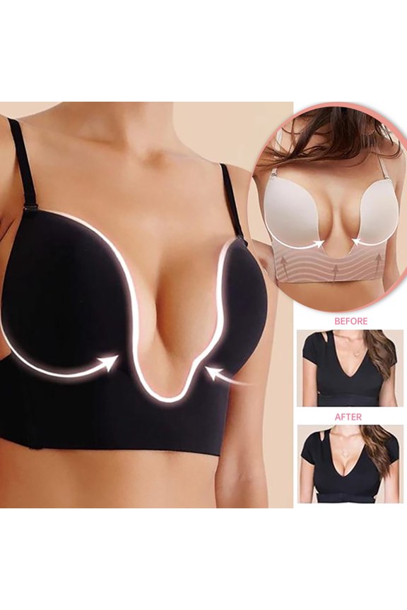 Helii Women U Shaped Deep V Bra, Seamless Push Up Multiway Convertible Bra