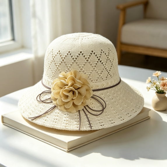 Helii Women Wide Brim Fisherman Hat – Hollow Out Woven Sun Hat, Breathable Summer Bucket Cap with Floral Applique and Ribbon Bow, Lightweight Soft Beach Vacation Hat Beige,One Size
