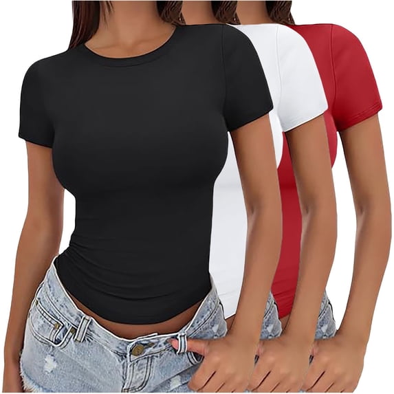 Helii Women's 3 Pack Short Sleeve Crop Tops Fitted Basic Tees Cotton Stretchy Summer Tight Crew Neck Slim Fit Solid Color T Shirts for Casual Daily Wear Layering Trendy Y2K Outfits