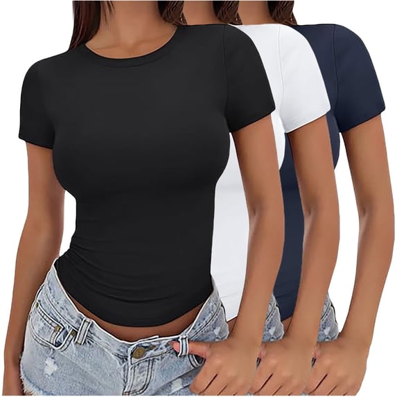 Helii Women's 3 Pack Short Sleeve Crop Tops Fitted Basic Tees Cotton Stretchy Summer Tight Crew Neck Slim Fit Solid Color T Shirts for Casual Daily Wear Layering Trendy Y2K Outfits