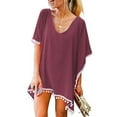 thumbnail image 1 of Helii Women's Chiffon Beach Cover Up Loose Kaftan Swimsuit Coverup, Tassel Trim V-Neck Summer Bikini Cover Up Dress, Flowy Lightweight Beachwear for Vacation Pool Dark Purple,One Size, 1 of 7