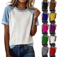 thumbnail image 1 of Helii Women's Color Block T Shirt – Raglan Sleeve T-Shirt, Crewneck Baseball Tee with Contrast Denim Sleeve, Loose Fit Soft Cotton Blend Casual T Shirts for Summer Blue,L, 1 of 6