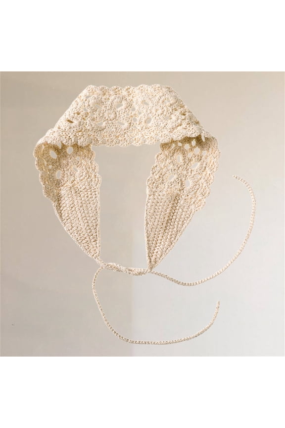 Women's Crochet Bandana Head Kerchief – Handmade Knitted Triangle Hair Scarf, Boho Vintage Floral Head Wrap with Scalloped Edge, Adjustable Tie Back Headband Beige,One Size