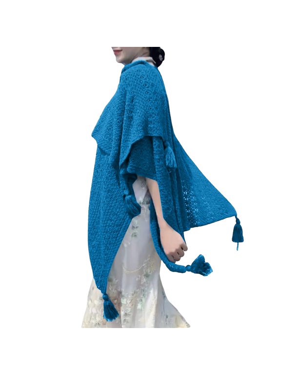 Women's Ethnic Knit Shawl Wrap, Boho Tassel Fringe Poncho Cape, Open Front Slit Cardigan, Lightweight Crochet Shawl for Beach Travel Daily Wear Gift Blue,A