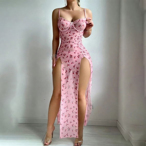 Helii Women's Floral Print Mesh Underwire Spaghetti Strap Nightgown High Slit Long Sleep Dress Elegant Intimate Sleepwear for Date Night Wedding Honeymoon 4 Colors