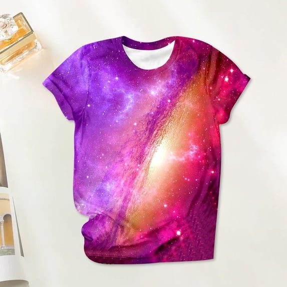 Helii Women's Galaxy Print T Shirt 3D Digital Starry Sky All over Print Graphic Tee Short Sleeve Crewneck Loose Fit Casual Summer Tops Trendy Festival Concert Outfits 4 Colors