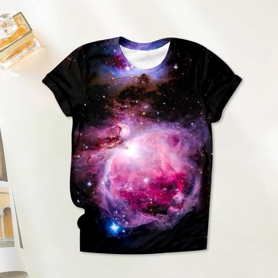 Helii Women's Galaxy Print T Shirt 3D Digital Starry Sky All over Print Graphic Tee Short Sleeve Crewneck Loose Fit Casual Summer Tops Trendy Festival Concert Outfits 4 Colors
