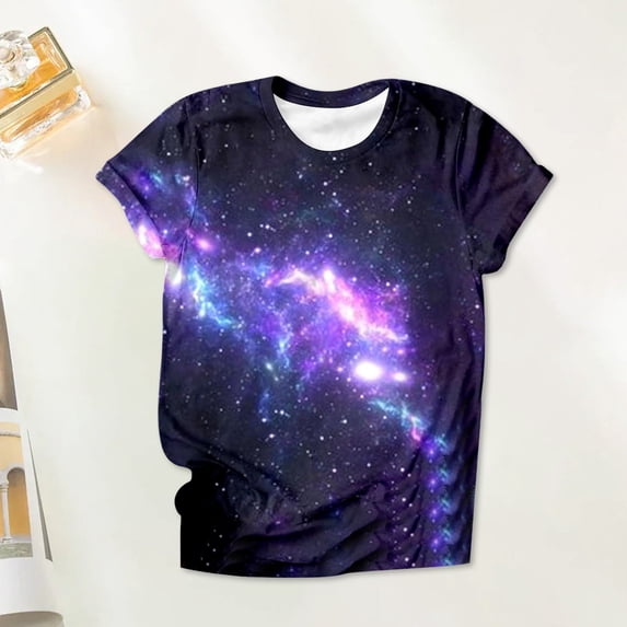 Helii Women's Galaxy Print T Shirt 3D Digital Starry Sky All over Print Graphic Tee Short Sleeve Crewneck Loose Fit Casual Summer Tops Trendy Festival Concert Outfits 4 Colors