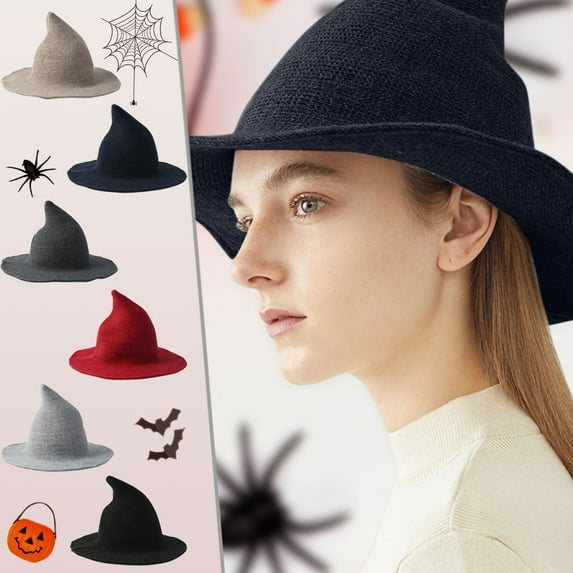 Helii Women's Halloween Witch Hats Wool Knitted Wide Brim Foldable Hat for Party Festival Accessory 56*58cm Adult Universal for Women Black