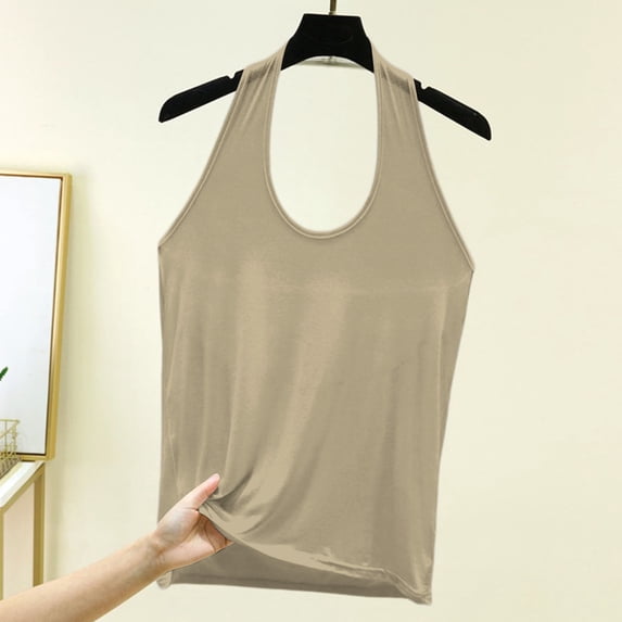 Helii Women's Halter Tank Top with Built-in Bra – Loose Fit Sleeveless Top with Removable Pads, Soft Polyester Summer Crop Top for Women, Casual Going Out Camisole Beige,L