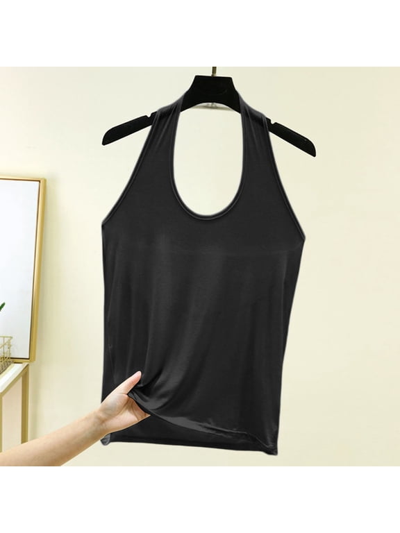 Women's Halter Tank Top with Built-in Bra – Loose Fit Sleeveless Top with Removable Pads, Soft Polyester Summer Crop Top for Women, Casual Going Out Camisole Black,XXL