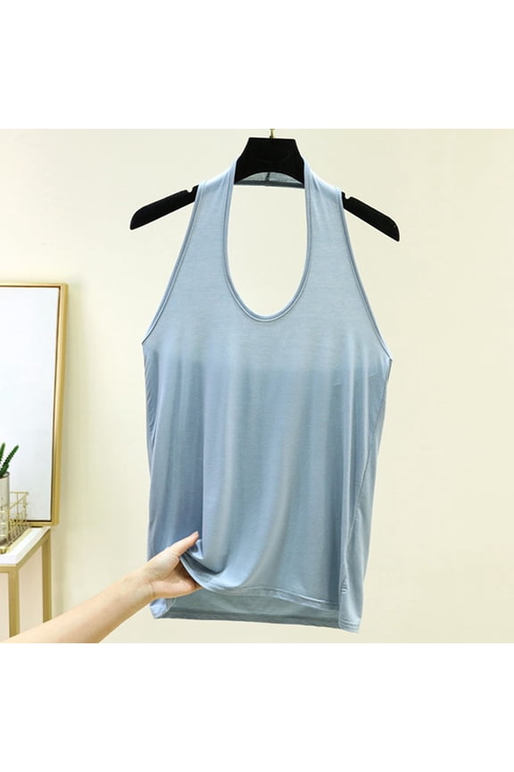 Women's Halter Tank Top with Built-in Bra – Loose Fit Sleeveless Top with Removable Pads, Soft Polyester Summer Crop Top for Women, Casual Going Out Camisole Blue,XXL