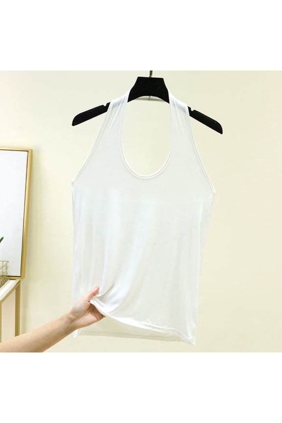 Women's Halter Tank Top with Built-in Bra – Loose Fit Sleeveless Top with Removable Pads, Soft Polyester Summer Crop Top for Women, Casual Going Out Camisole White,XL