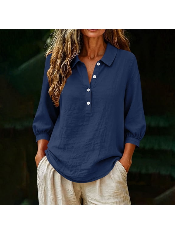 Women's Henley Shirt – 3/4 Sleeve Cotton Linen Button Down Blouse, Casual V Neck Lapel Top with Roll Up Cuff, Loose Fit Summer Work Shirt for Women Navy,M