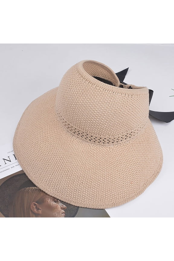 Women's Hollow Out Cotton Knit Sun Visor Hat, Wide Brim Crochet Beach Hat, Ponytail Friendly Open Top Hat, Foldable Summer Hat with Bowknot for Travel Outdoor Beige,One Size