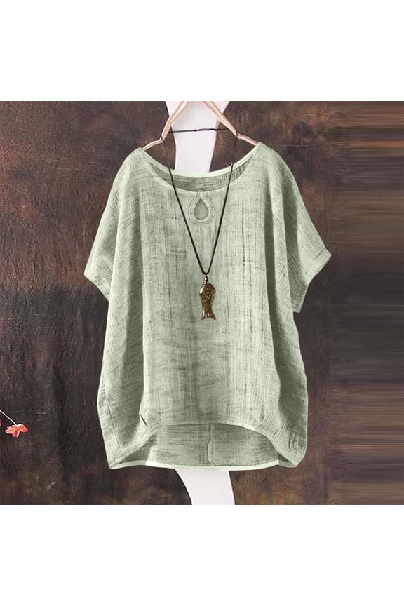 Women's Keyhole Top – Loose Fit Drop Shoulder Blouse, Cotton Linen Texture Short Sleeve Tunic with High Low Hem, Relaxed Summer Tunic for Daily Casual Green,XXXXL