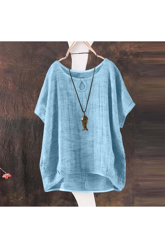 Women's Keyhole Top – Loose Fit Drop Shoulder Blouse, Cotton Linen Texture Short Sleeve Tunic with High Low Hem, Relaxed Summer Tunic for Daily Casual Light Blue,XXXXXL
