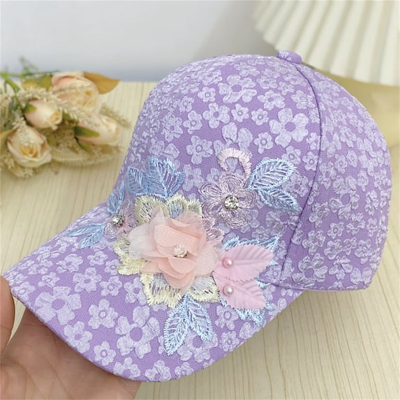 Helii Women's Lace Floral Print Baseball Cap, Mesh Back Breathable Sun Hat, 3D Flower Embroidered Trucker Cap, Adjustable Lightweight Summer Cap for Outdoor Light Violet,One Size
