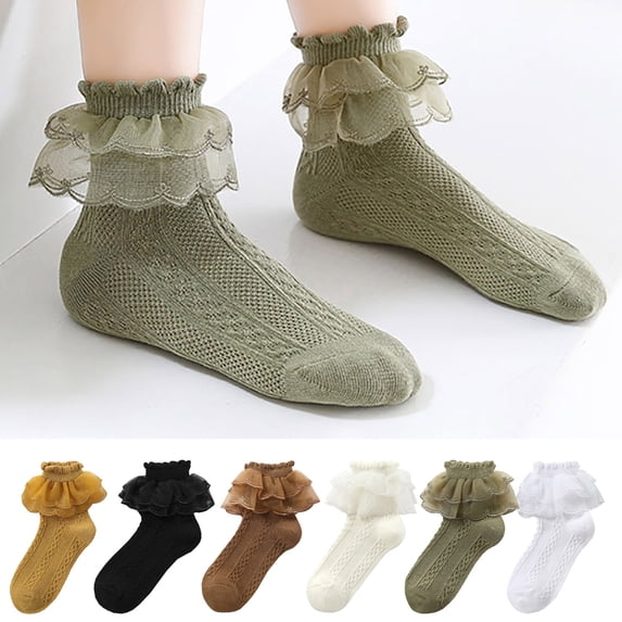 Helii Women's Lace Ruffle Socks, Cotton Lolita Crew Socks with Double Layer Lace Trim, Breathable Mesh Princess Socks, Cute Frilly Socks for Dress Mary Jane Black,L
