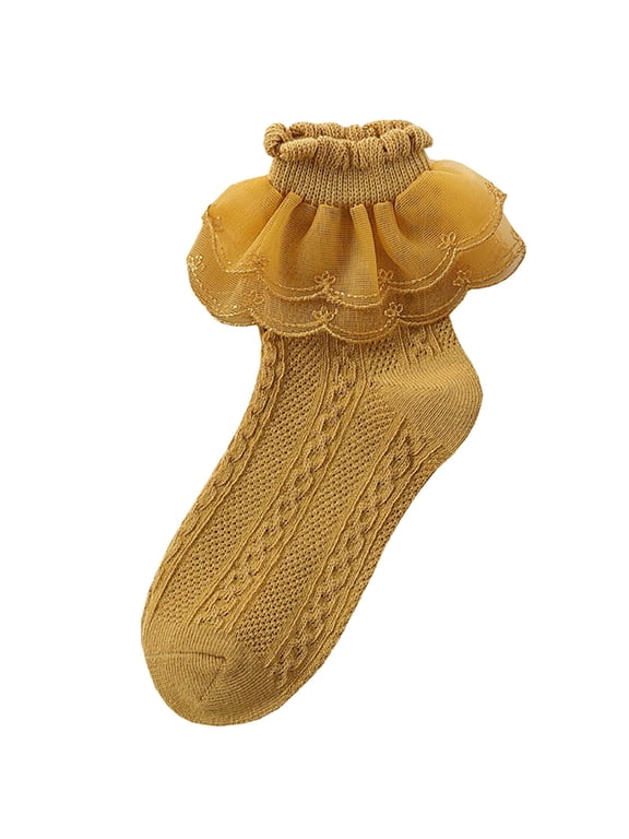 Women's Lace Ruffle Socks, Cotton Lolita Crew Socks with Double Layer Lace Trim, Breathable Mesh Princess Socks, Cute Frilly Socks for Dress Mary Jane Yellow,XL