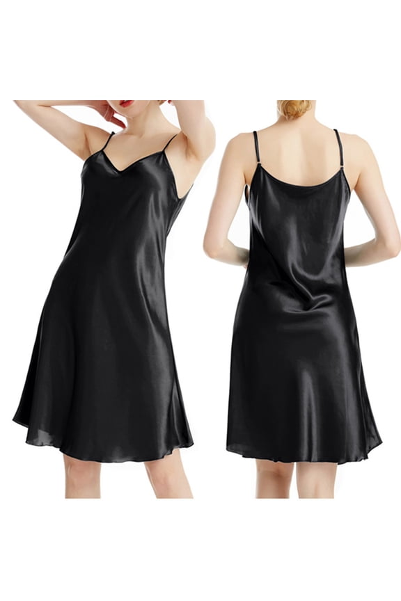 Helii Women's Nightgowns, V Neck Satin Slip Sleep Dress, Sexy Slim Fit Solid Color Summer Nightdress