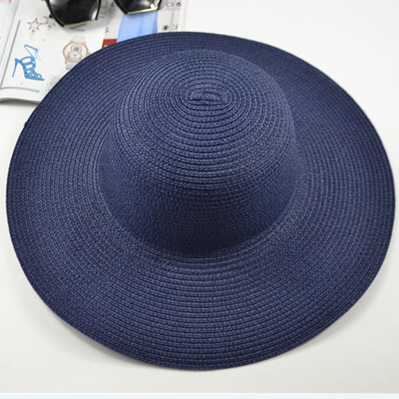 Helii Women's Oversized Wide Brim Straw Sun Hat, UPF 50+ Foldable Beach Hat, Extra Large 14cm Floppy Cap, Packable Summer Hat with Chin Strap for Travel Vacation Navy,One Size