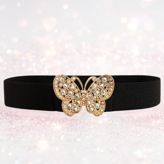 Helii Women's Rhinestone Butterfly Buckle Elastic Belt – Crystal Stretch Waist Belt for Jeans Dresses, Sparkly Bling Elastic Belt with Stretchy Band, One Size Fashion Belt Gold,One Size