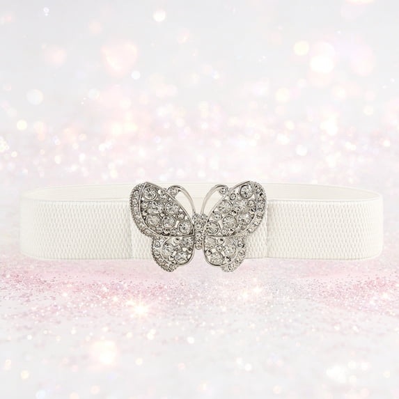 Helii Women's Rhinestone Butterfly Buckle Elastic Belt – Crystal Stretch Waist Belt for Jeans Dresses, Sparkly Bling Elastic Belt with Stretchy Band, One Size Fashion Belt White,One Size