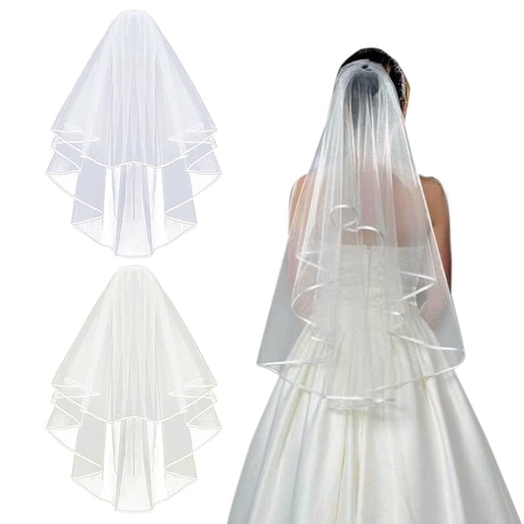 Helii Women's Short Tulle Bridal Veil, Double Layer Satin Edge Wedding Veil, Simple Shoulder Length Veil with Metal Comb for Ceremony Bridal Shower Hen Party White,One Size