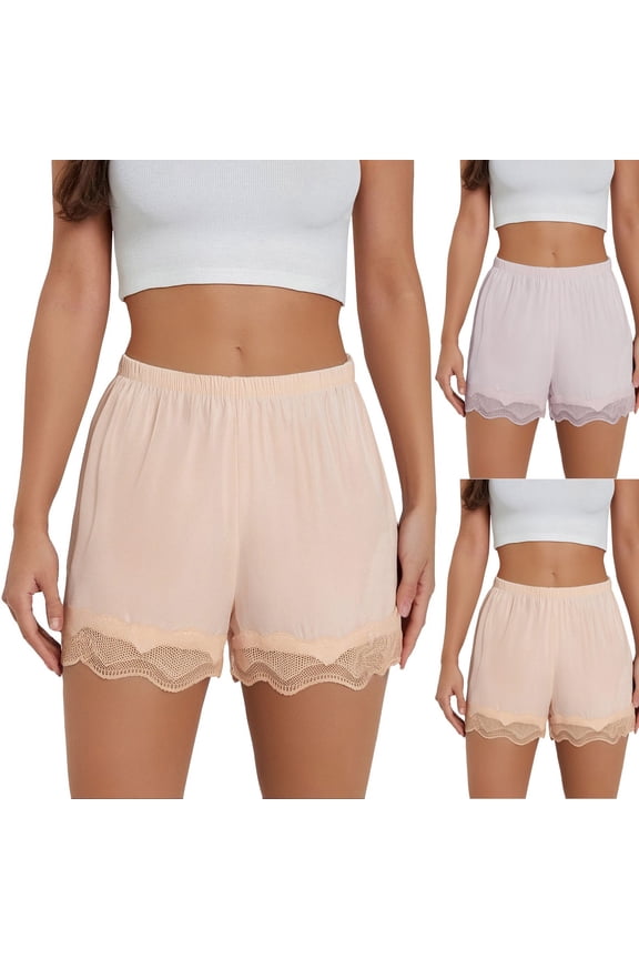 Women's Shorts Ice Silk Lace Trim Safety Slip Shorts Summer High Waist Elastic Breathable Silky Soft Modesty Shorts under Dresses Anti Exposure Lounge Shorts Nude Pink 2 Colors
