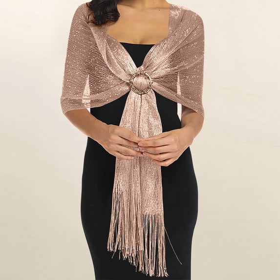 Helii Women's Sparkling Metallic Shawl Wrap, Sequin Fringe Evening Scarf, Rhinestone Buckle Bridal Shawl, Formal Party Cape for Wedding Guest Gown Banquet Rose Gold,One Size
