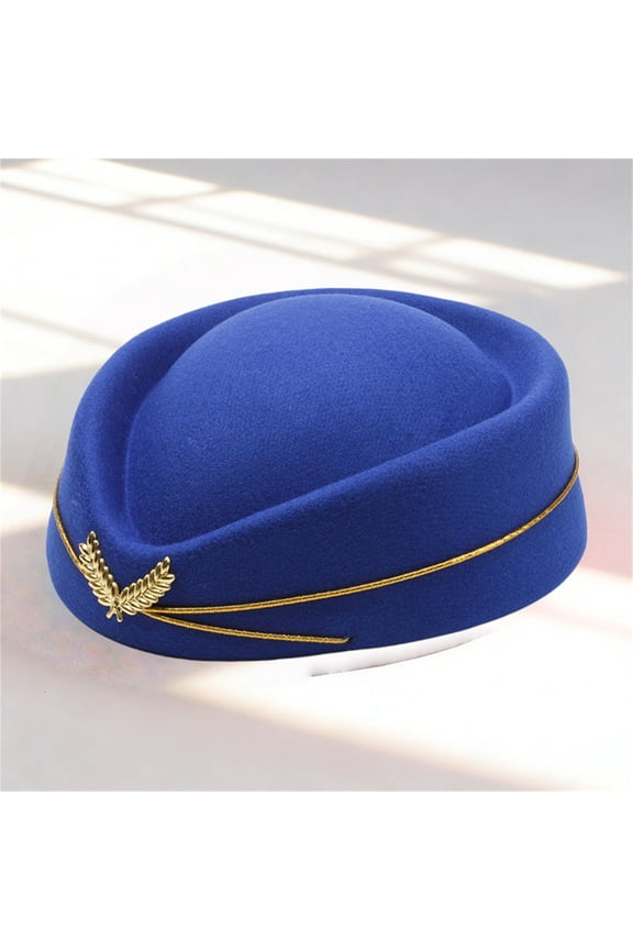 Women's Stewardess Hat, Flight Attendant Cap with Gold Badge, Felt Beret Uniform Hat, Costume Stage Performance Cap for Cabin Crew Cosplay Party Dark Blue,One Size