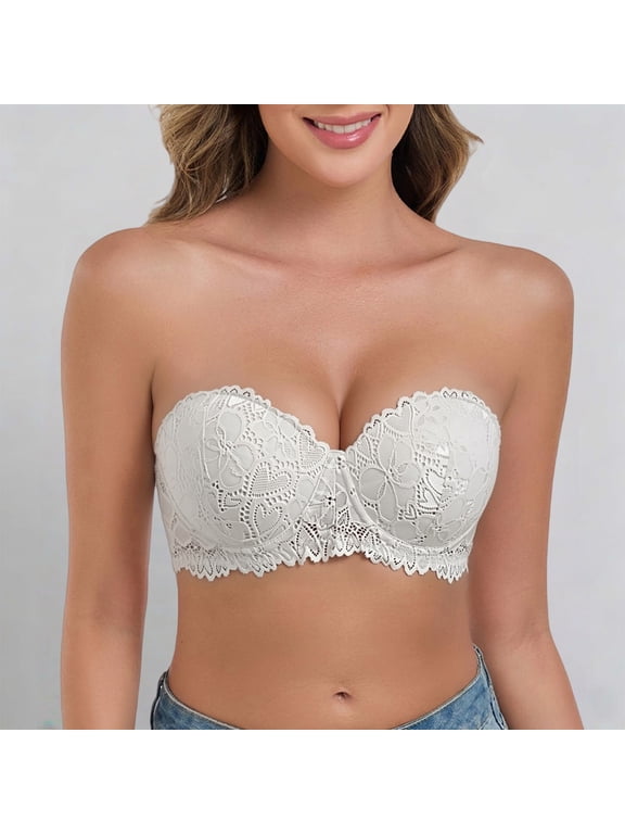 Women's Strapless Lace Push Up Non Slip Silicone Adhesive Invisible Backless Bustier Bra for Off Shoulder Wedding Dress Demi Cup Balconette Corset Top 4 Colors Summer Daily Wear