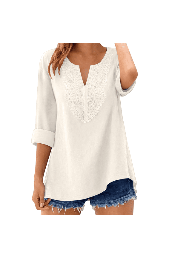 Women's T Shirts V Neck Short Sleeve Cotton Linen Casual Basic Tops Embroidered Loose Blouses Fashion Travel Beach Vacation Clothes M-3XL Beige