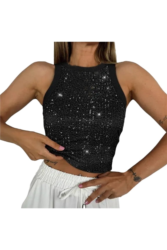 Women's Tank Top Casual Round Neck Sparkly Sequin Glitter Sleveless Crop CamisoleVest Double Layer Vest Fashion Spring Summer Shirts S-2XL Black