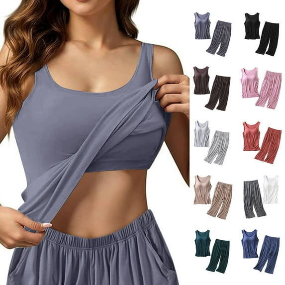 Helii Women's Tank Top Slim Sleepwear With Built In Bra Cup Casual Crop Pants Pajamas Set For Women Grey M