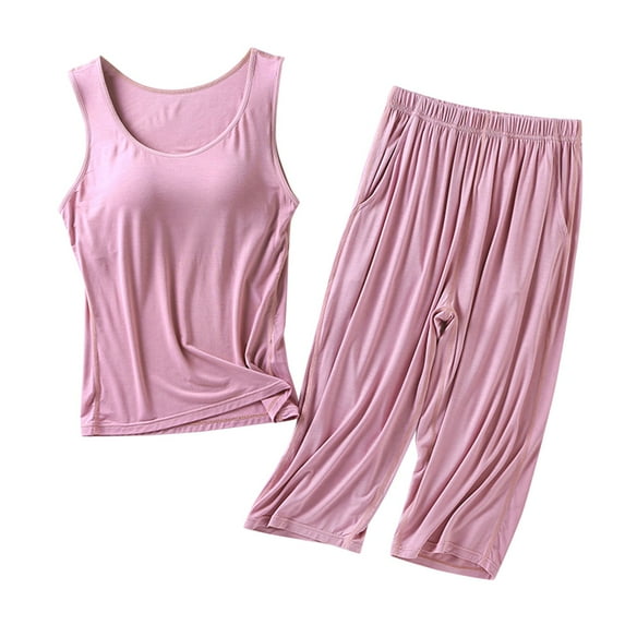 Helii Women's Tank Top Slim Sleepwear With Built In Bra Cup Casual Crop Pants Pajamas Set For Women Pink M