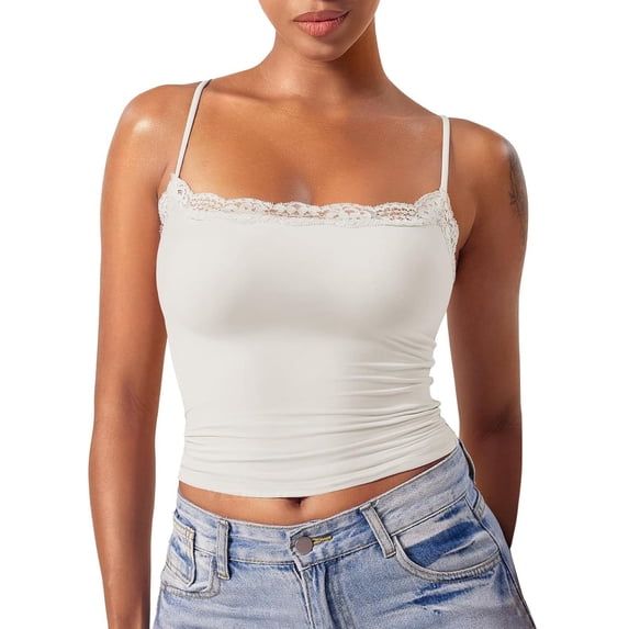 Helii Women's Tank Tops Square Neck Solid Color Slim-Fit Lace Camisole Tops Casual Breathable Spaghetti Trap Tops Trendy Beach Vacation Clothes S-XL Beige