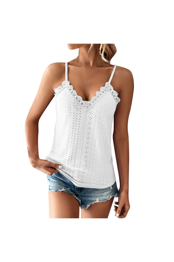 Women's Tops V Neck Solid Color Spaghetti Lace Spaghetti Trap Camisole Tops Casual Comfys Shirt Fashion Blouses Dressy Summer Going Out S-2XL White