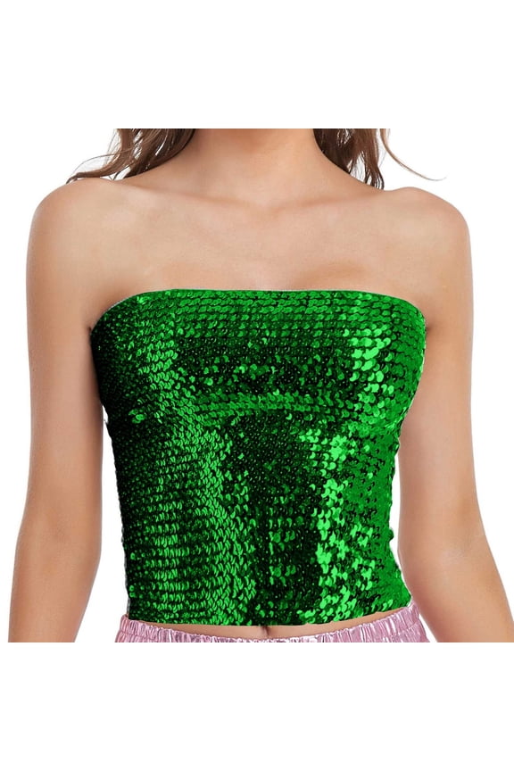 Women's Tube Top Sparkly Bling Sequin Stretch Strapless Camisoles Short Shirt Trendy Queen Fashion Party Clubwear Going Out Green